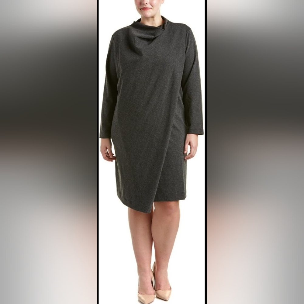 Joan Vass | Women’s Plus Size Draped Front Dress | 3/4 Sleeve | Pockets
